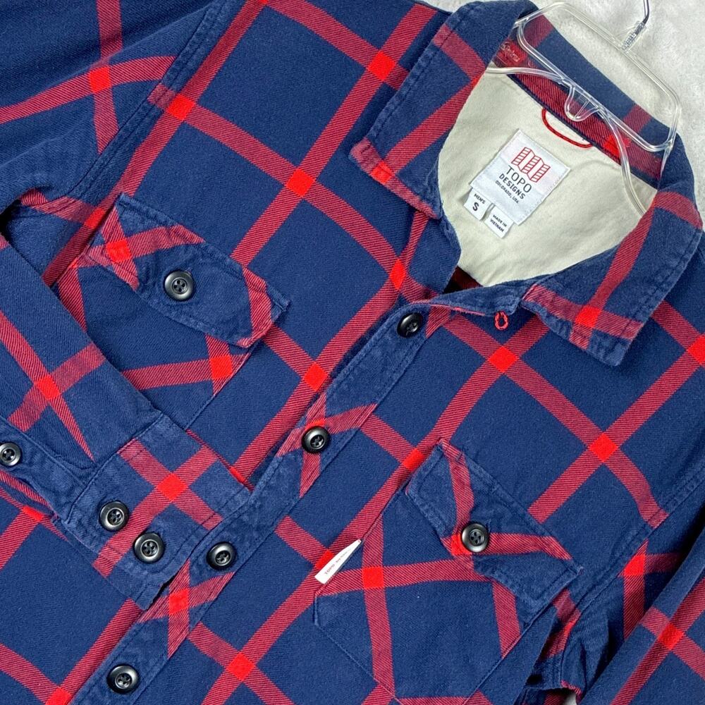Topo Designs Flannel Shirt Mens S Navy Red Windowpane Plaid Loop Collar Outdoor